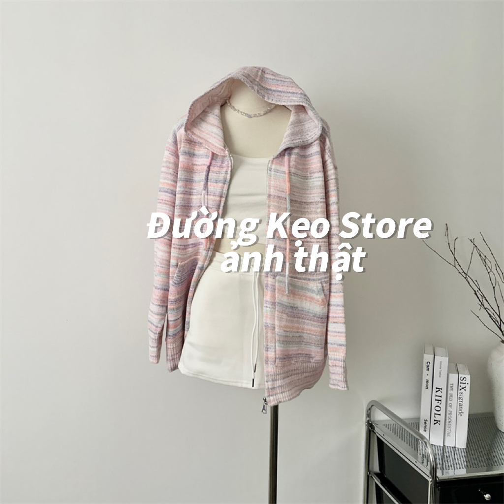 Áo len cardigan hoodie có mũ khoá kéo sọc ngang nhiều màu tươi thêu logo hiphop thu đông đường phố