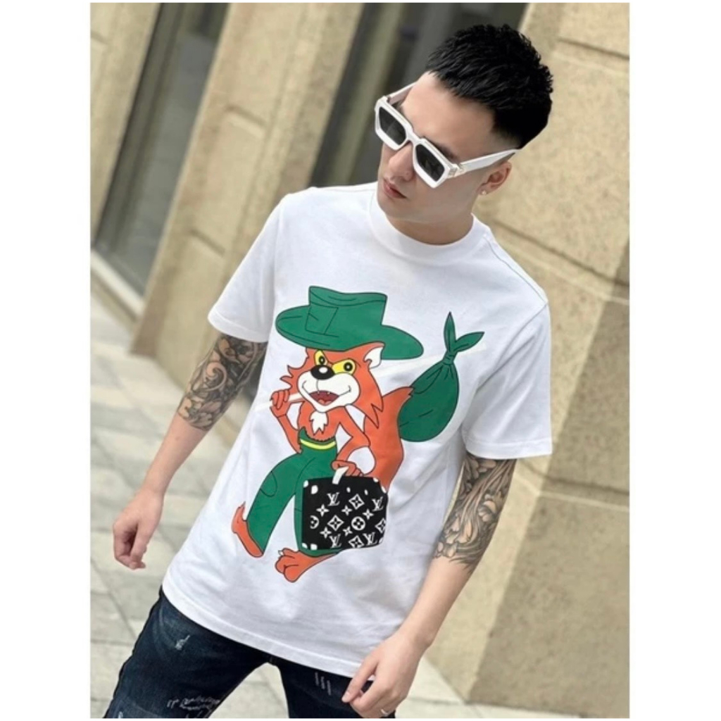 Áo Phông Nam Nữ Lv In Hoạt Họa Hình Cáo Chất Cotton