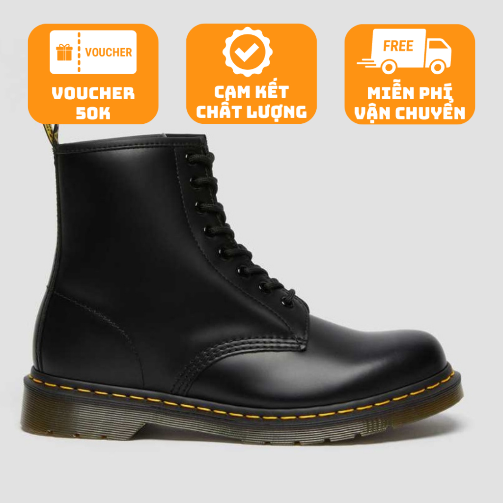 Giày nam Combat Boot Dr. Martens 1460, boot cao cổ màu đen, da bóng nhẹ, có khóa kéo tiện lợi, đế khâu chắc chắn