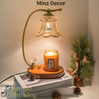   Hẹn giờ + chỉnh sáng  Đèn Đốt Nến Thơm Đế Gỗ Chụp Thuỷ Tinh 