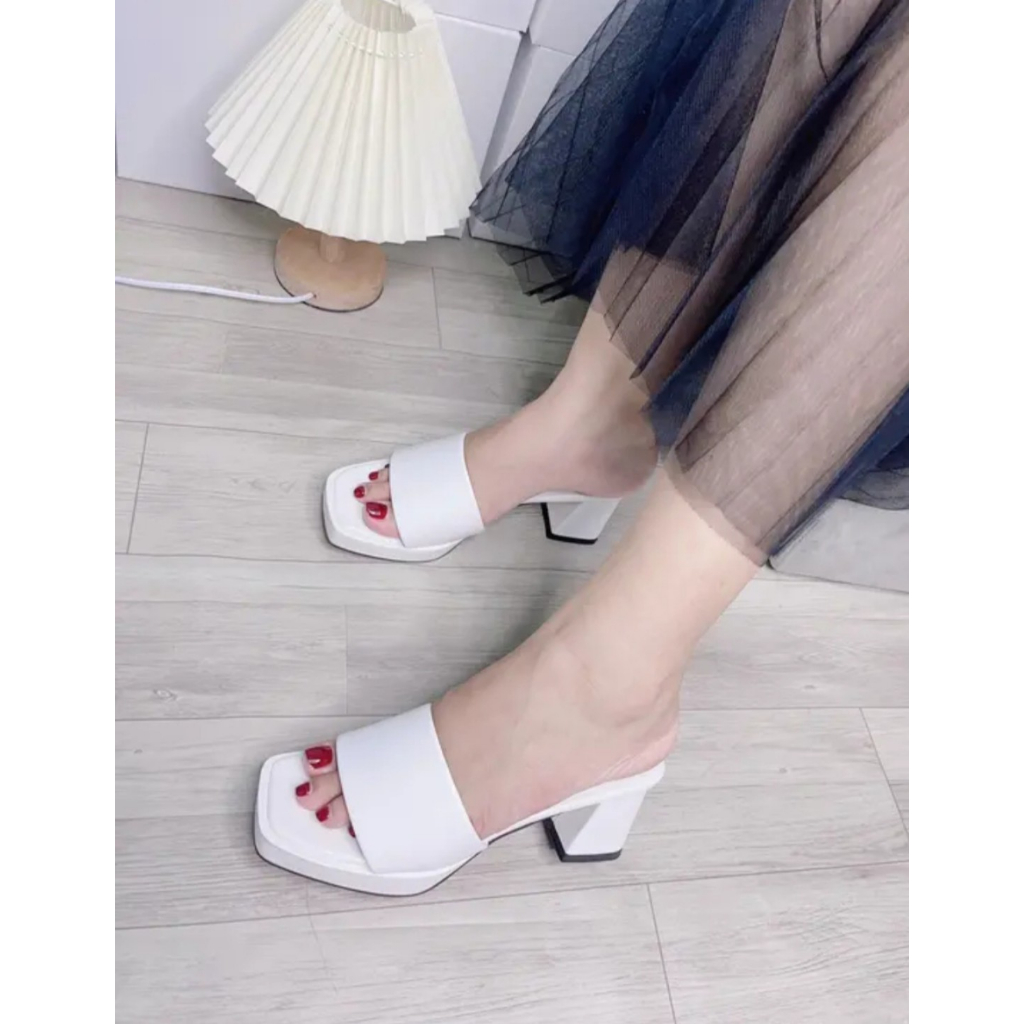 Dép cao gót nữ,gót trụ cao 7cm,quai ngang to chất liệu da bóng cao cấp