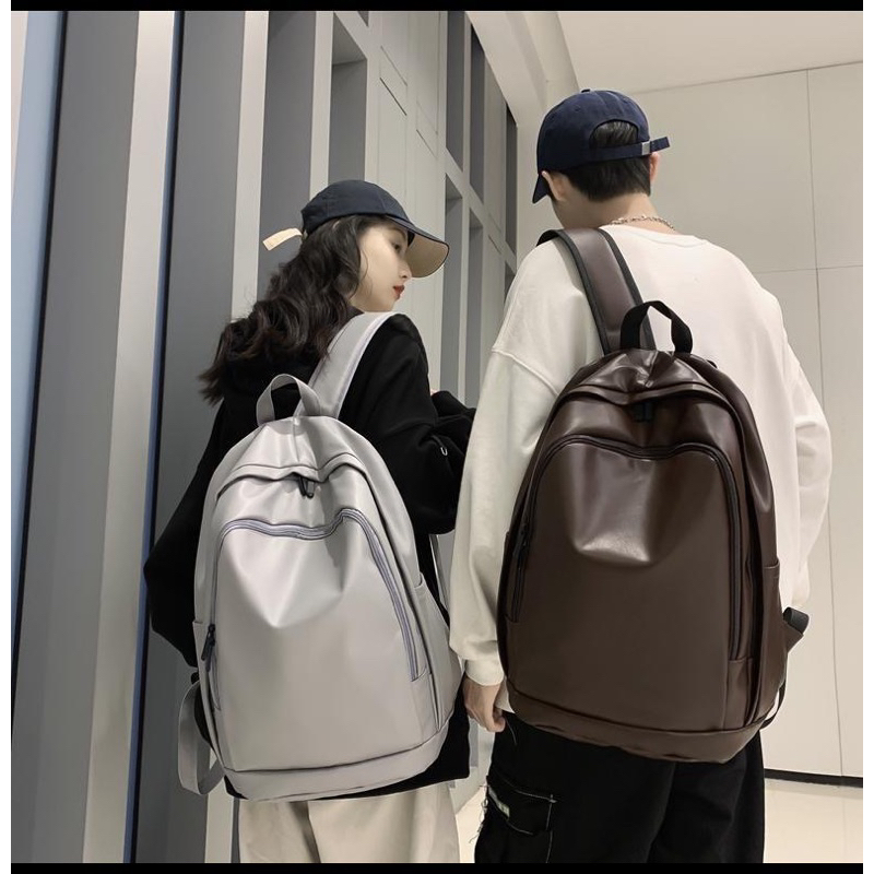 Ba lô đeo vai da trơn unisex, balo thời trang phong cách Hàn Quốc