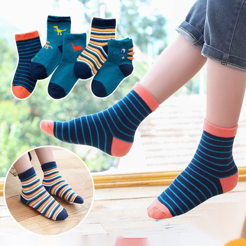 Set 5 đôi tất cotton khủng long xanh kẻ bé trai , gái sợi bông mềm mại thoáng khi khử mùi Myna Bra te6