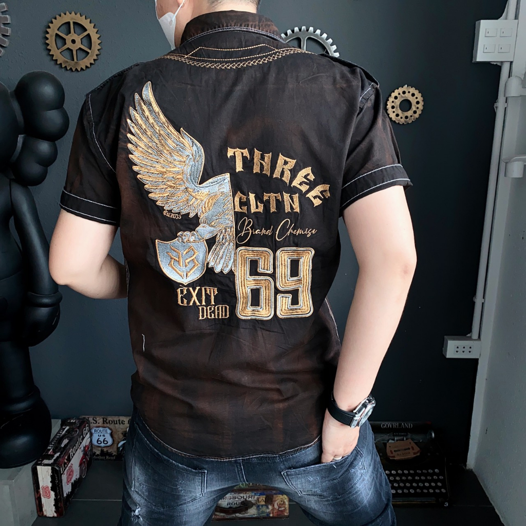 Áo sơ mi tay ngắn THREE CLTN full thêu 69 2 túi chất vải kaki mặc thoải mái chi tiết như hình SN1177 K3 STORE.