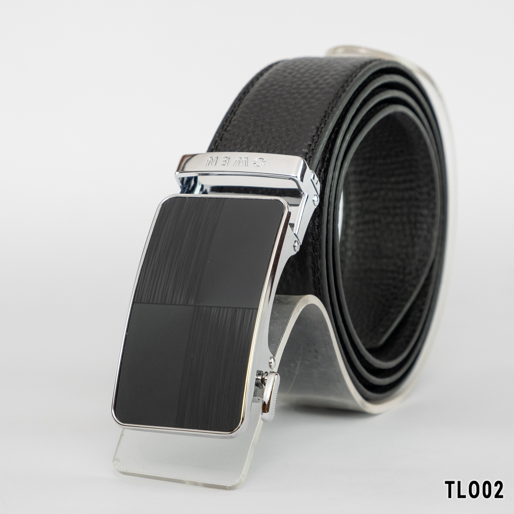 Thắt lưng da bò nam cao cấp OWEN BELT231519 dây nịt da thật màu đen mặt hợp kim đúc nguyên khối khóa trượt tự động sang