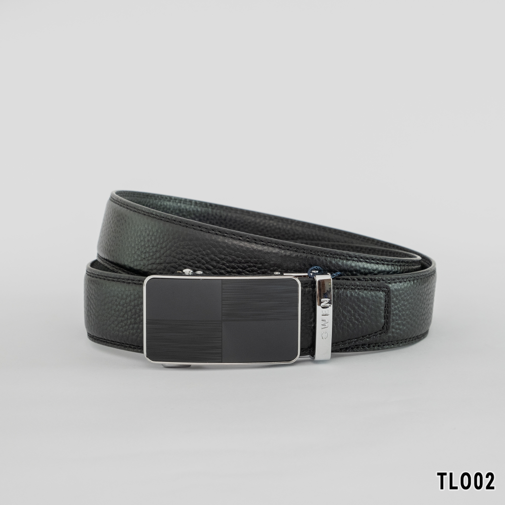 Thắt lưng da bò nam cao cấp OWEN BELT231519 dây nịt da thật màu đen mặt hợp kim đúc nguyên khối khóa trượt tự động sang