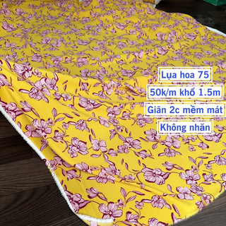 Vải Lụa Hoa Hàn Quốc 75 hoa nền vàng Chất lụa Mềm mát không nhăn óng mượt mát giãn nhẹ