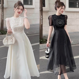 Váy tiểu thư dự tiệc sang chảnh, Đầm voan đính đá phom xòe 2 lớp