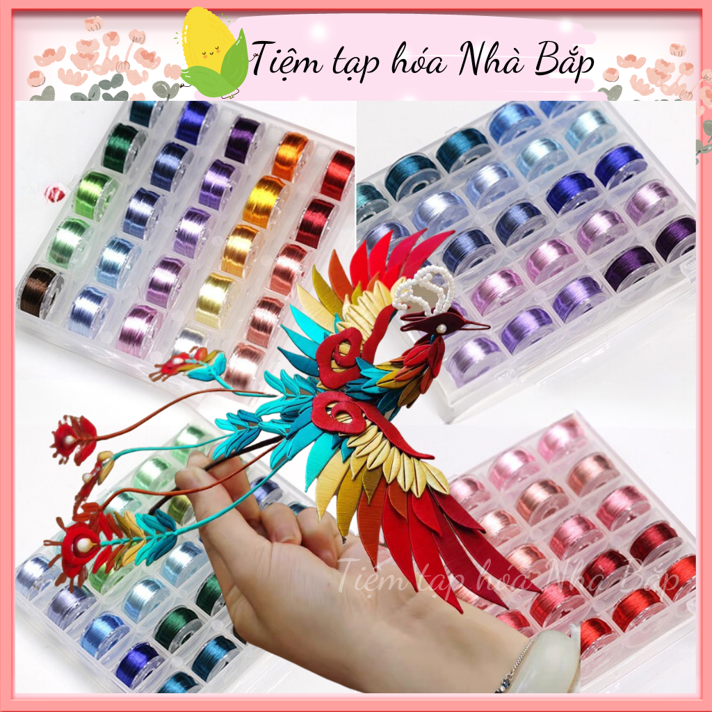 Set 50 Và Hộp 36 Cuộn Chỉ Tơ Bóng Phản Quang làm Triền Hoa Quấn Hoa Handmade