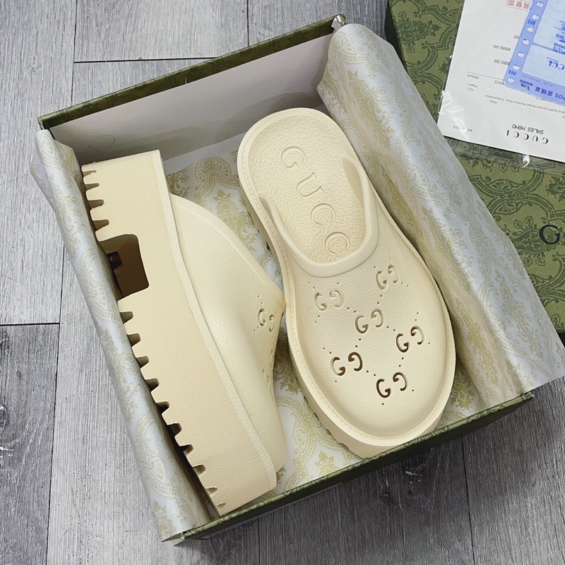 Dép Sục GC Crocs Gucci Nữ Kem Trắng Độn Đế 5cm Hàng SC cực đẹp tặng Box + Túi