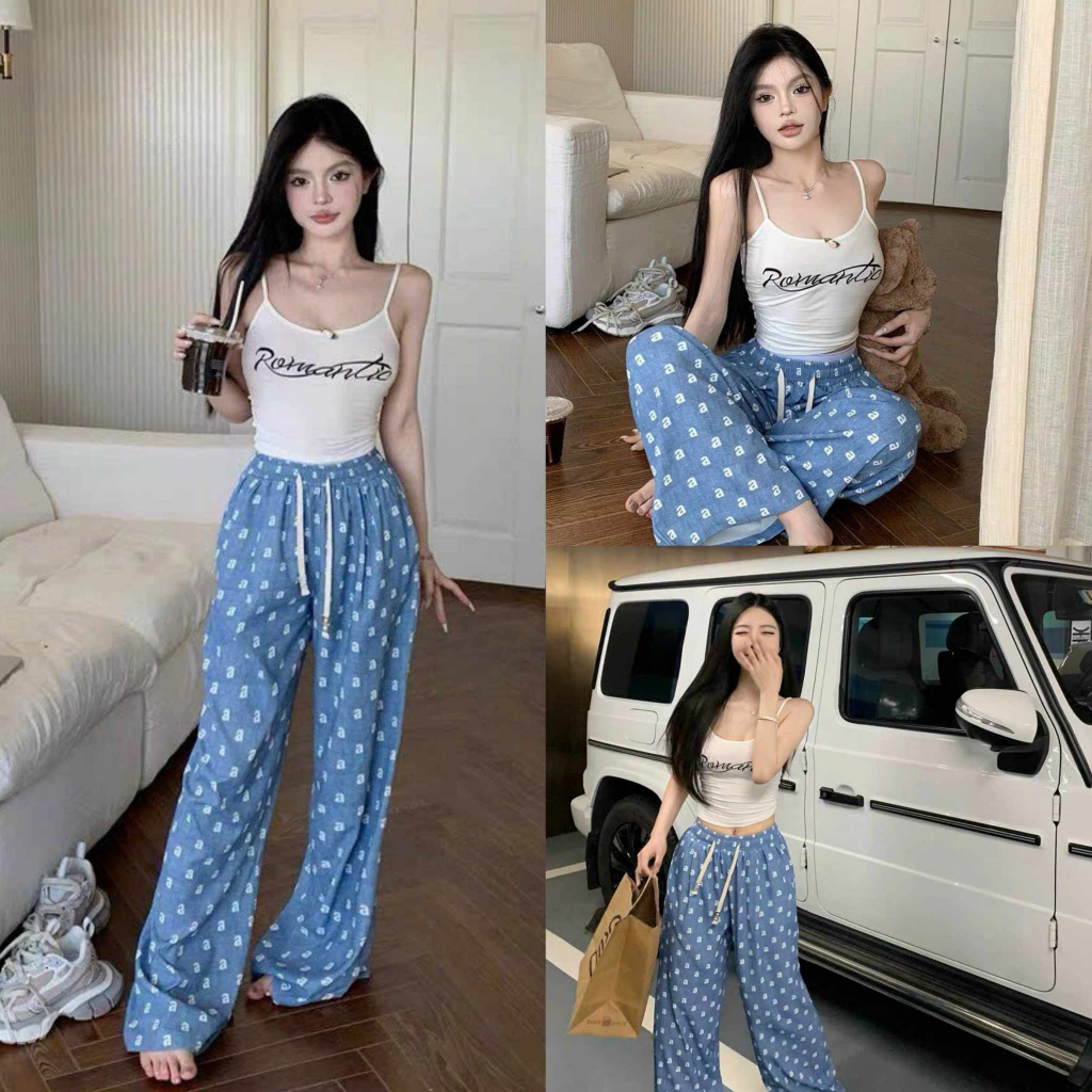 Sét Đồ Nữ tăm lạnh in nhiệt áo 2 dây co dãng, quần chun eo xanh sang trọng