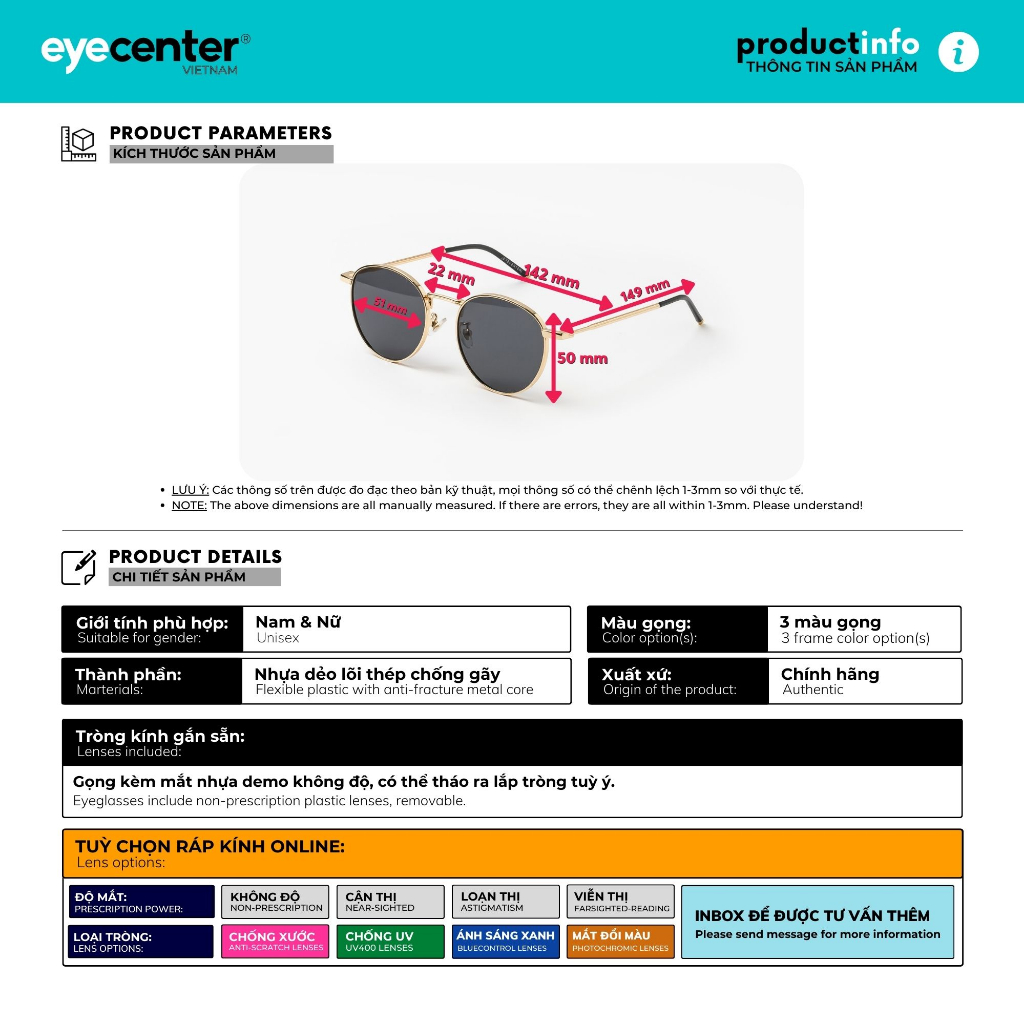 Kính mát nam nữ chính hãng nhiều màu EYECENTER S59S nhiều màu nhập khẩu by Eye Center Vietnam