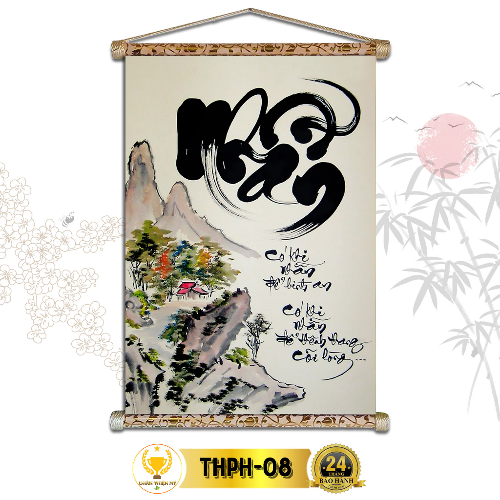 Tranh Thư Pháp Treo Tường Chữ Nhẫn CHÂN THIỆN MỸ, Chất Liệu Vải Lụa Kim Sa Khung Gỗ 40x60cm THPH-08
