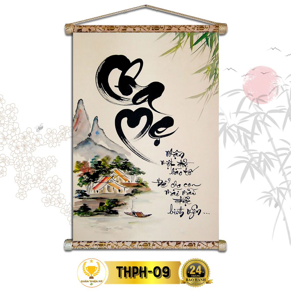 Tranh Thư Pháp Treo Tường Cha Mẹ CHÂN THIỆN MỸ, Chất Liệu Vải Lụa Kim Sa Khung Gỗ 40x60cm THPH-09