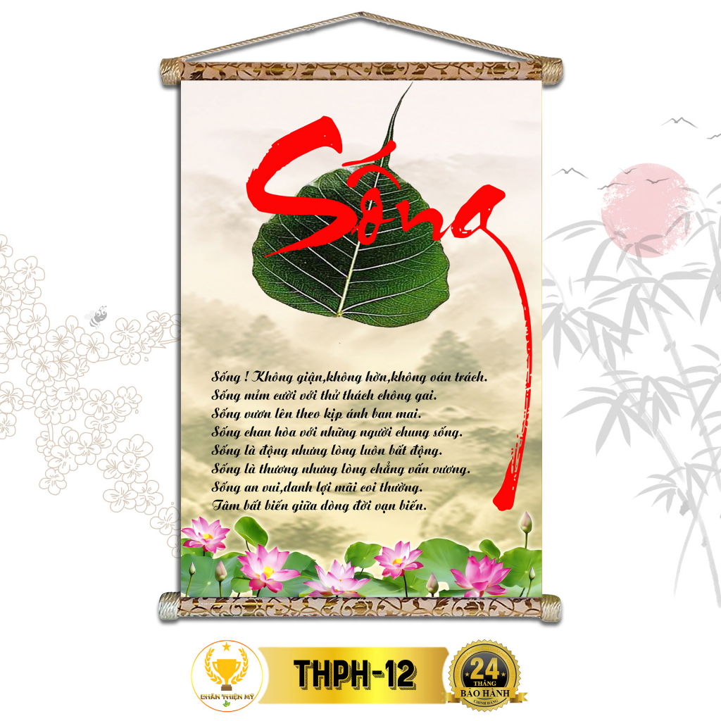 Tranh Thư Pháp Treo Tường Chữ Sống CHÂN THIỆN MỸ, Chất Liệu Vải Lụa Kim Sa Khung Gỗ 40x60cm THPH-12