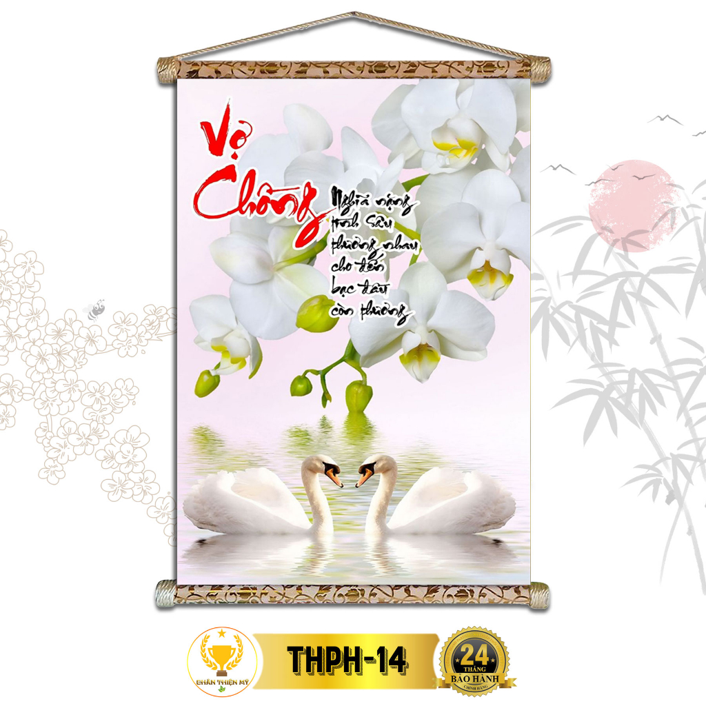 Tranh Thư Pháp Treo Tường Vợ Chồng CHÂN THIỆN MỸ, Chất Liệu Vải Lụa Kim Sa Khung Gỗ 40x60cm THPH-14