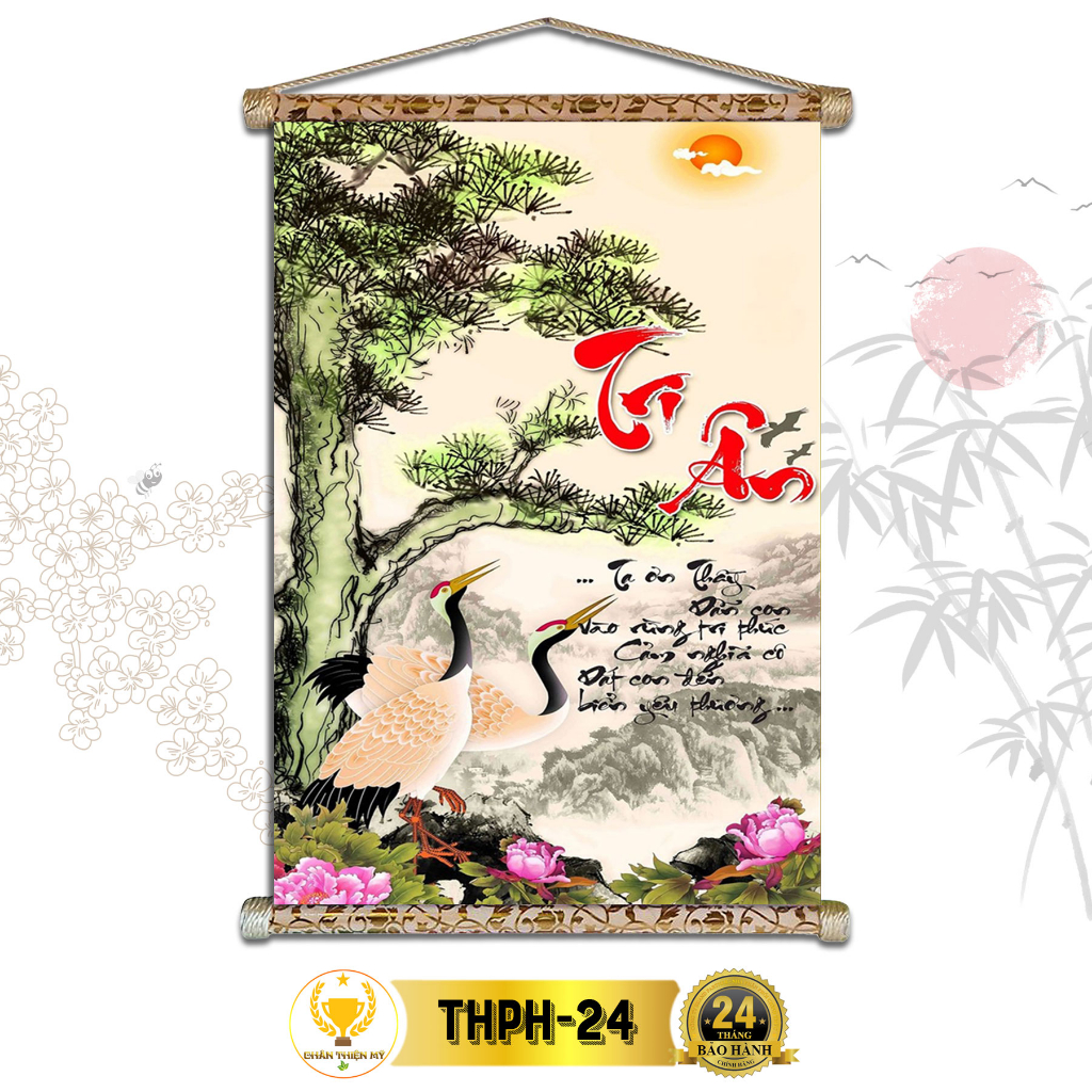 Tranh Thư Pháp Treo Tường Tri Ân CHÂN THIỆN MỸ, Chất Liệu Vải Lụa Kim Sa Khung Gỗ 40x60cm THPH-24