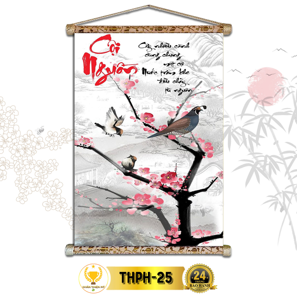 Tranh Thư Pháp Treo Tường Cội Nguồn CHÂN THIỆN MỸ, Chất Liệu Vải Lụa Kim Sa Khung Gỗ 40x60cm THPH-25