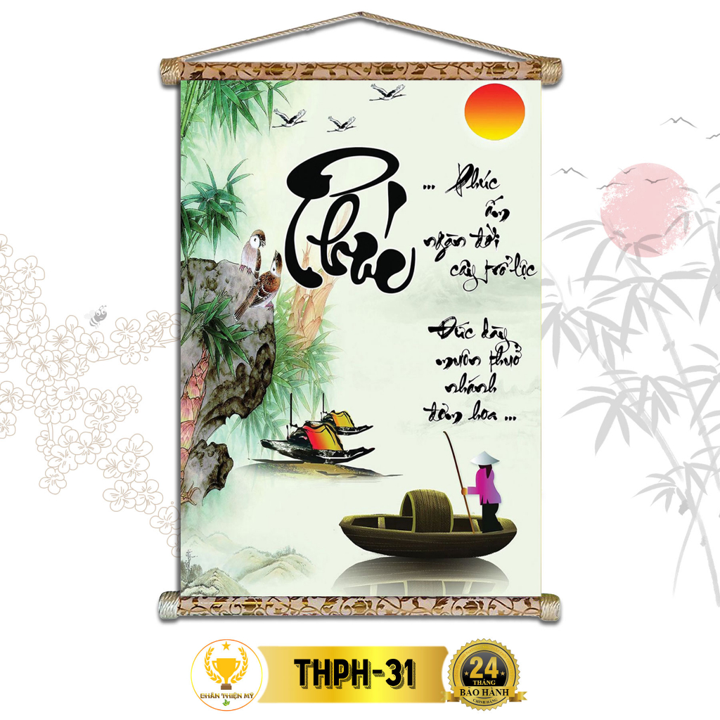 Tranh Thư Pháp Treo Tường Chữ Phúc CHÂN THIỆN MỸ, Chất Liệu Vải Lụa Kim Sa Khung Gỗ 40x60cm THPH-31