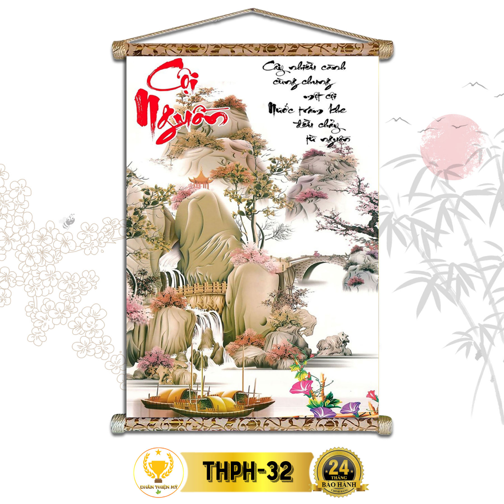 Tranh Thư Pháp Treo Tường Cội Nguồn CHÂN THIỆN MỸ, Chất Liệu Vải Lụa Kim Sa Khung Gỗ 40x60cm THPH-32