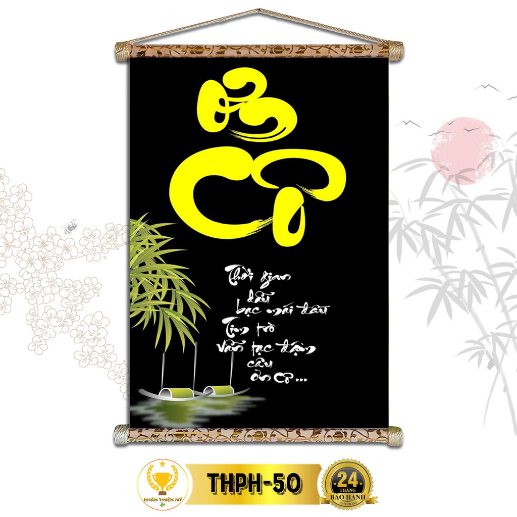 Tranh Thư Pháp Treo Tường Ơn Cô CHÂN THIỆN MỸ, Chất Liệu Vải Lụa Kim Sa Khung Gỗ 40x60cm THPH-50