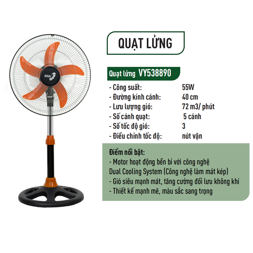 Quạt lửng thanh sắt Asia Vina VY538890 55W 5 cánh - Bảo hành chính hãng 24 tháng