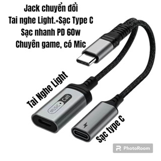 Jack chuyển đổi Type C cắm tai nghe Chân Dẹt + Sạc type C có mic, sạc nhanh PD 60w chuyên game