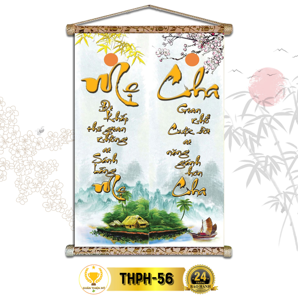 Tranh Thư Pháp Treo Tường Mẹ Cha CHÂN THIỆN MỸ, Chất Liệu Vải Lụa Kim Sa Khung Gỗ 40x60cm THPH-56