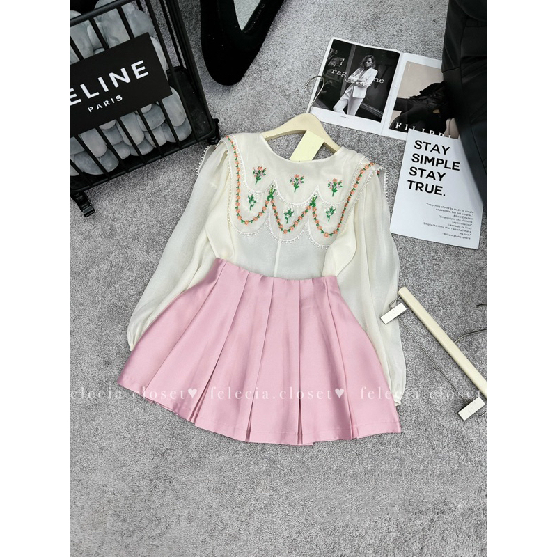 Set áo tơ cổ hoa kèm chân váy tacta hồng