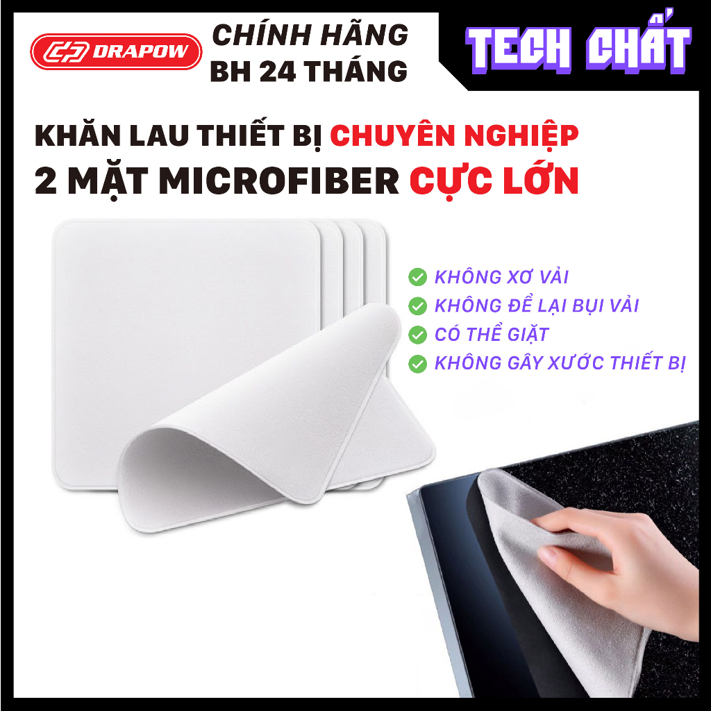 Khăn lau thiết bị chuyên nghiệp 2 mặt Microfiber chính hãng Drapow Tech Chất