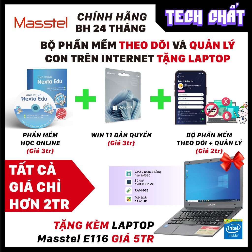 Combo Laptop Masstel E116 E140 kèm Windows 11 bản quyền và bộ phần mềm theo dõi quản lý chặn nội dung độc hại cho trẻ em