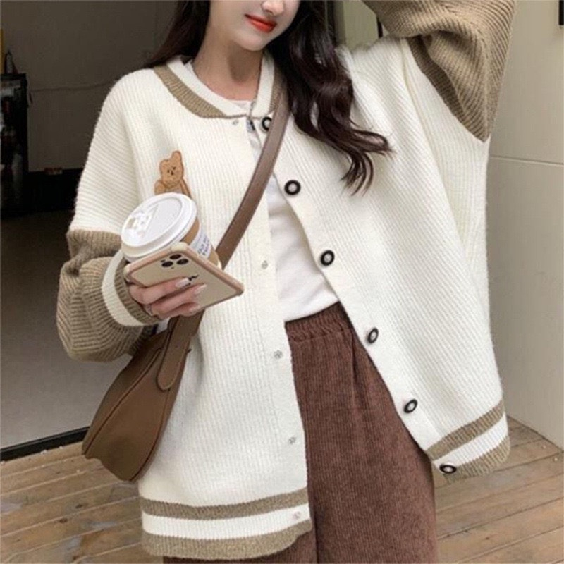 Cardigan khoác ngoài dáng dài form rộng hình gấu dễ thương, len dày mịn mặc ấm thời trang Hàn Quốc BUNNY deliz