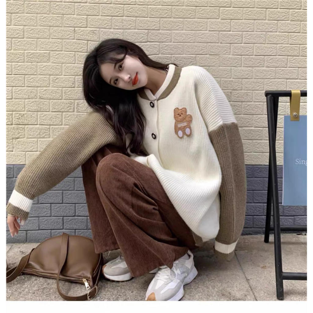 Cardigan khoác ngoài dáng dài form rộng hình gấu dễ thương, len dày mịn mặc ấm thời trang Hàn Quốc BUNNY deliz | BigBuy360 - bigbuy360.vn