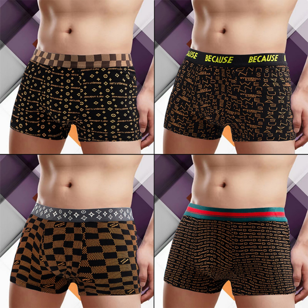 Sịp boxer nam thương hiệu gú.cci. Combo 4 quần sịp nam thun lạnh đóng hộp sang trọng.