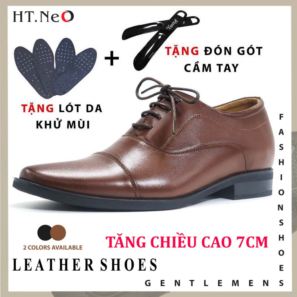 Giày tây buộc dây tăng chiều cao 7cm HT.NeO, Giày nam công sở da bò mũi nhọn lót độn cao gân nổi giữa lịch lãm GN6787