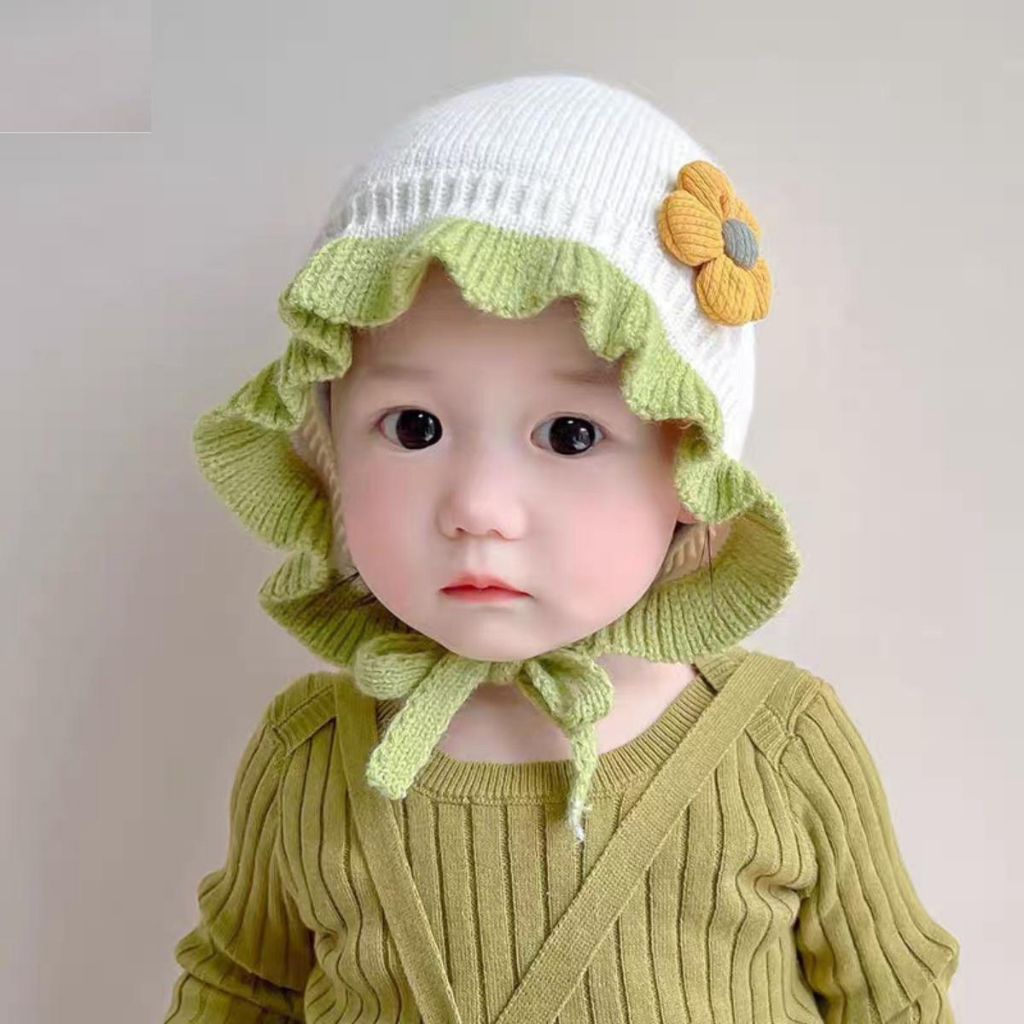 Mũ len cho bé - Mũ len công chúa có vành thêu bông hoa dễ thương (có lót nỉ)