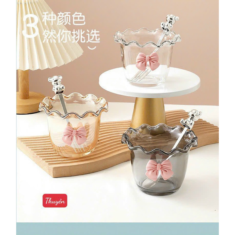 Cốc - Bát Thuỷ Tinh Viền Sóng Kèm Nơ và Thìa Gấu Siêu Xinh