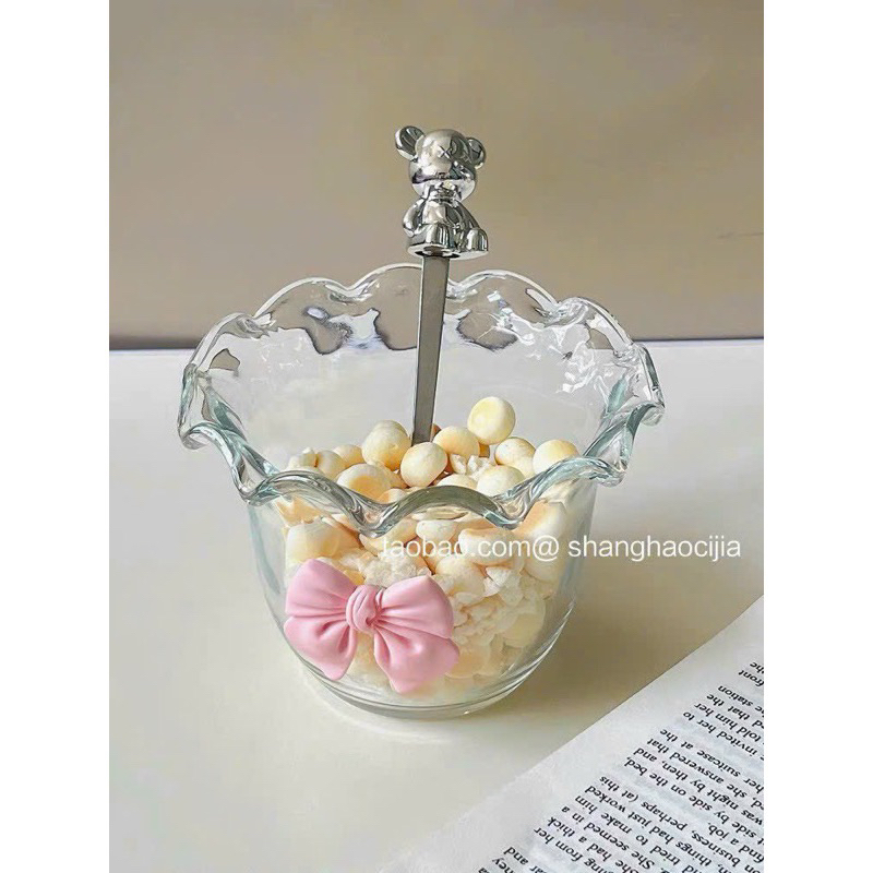 Cốc - Bát Thuỷ Tinh Viền Sóng Kèm Nơ và Thìa Gấu Siêu Xinh