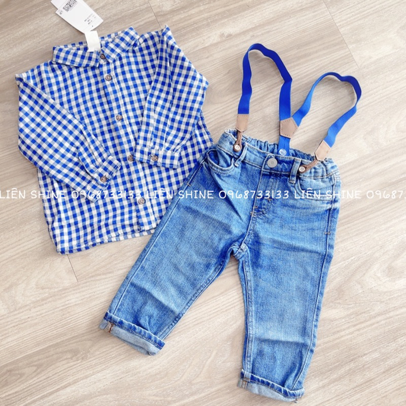 Set công tử áo dài kẻ xanh quần bò kèm đai