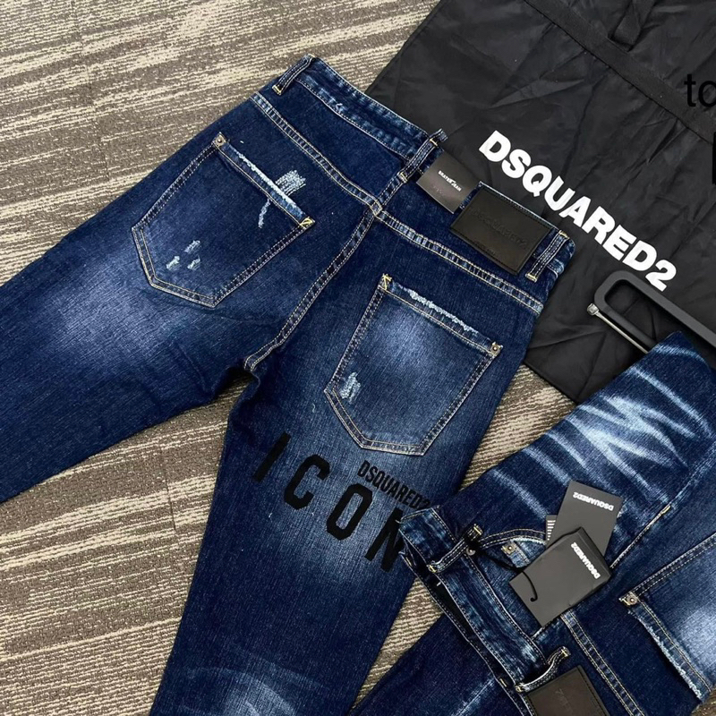Quần jean nam Dsq2 biker form Slimf Quần bò nam DSQRED2 xanh đậm xước nhẹ in chữ ICON sau đùi siêu chất