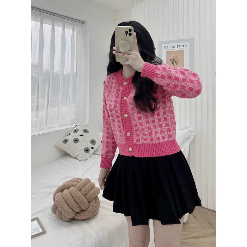 Khoác len kẻ caro Hồng ,khoác len nữ thu đông