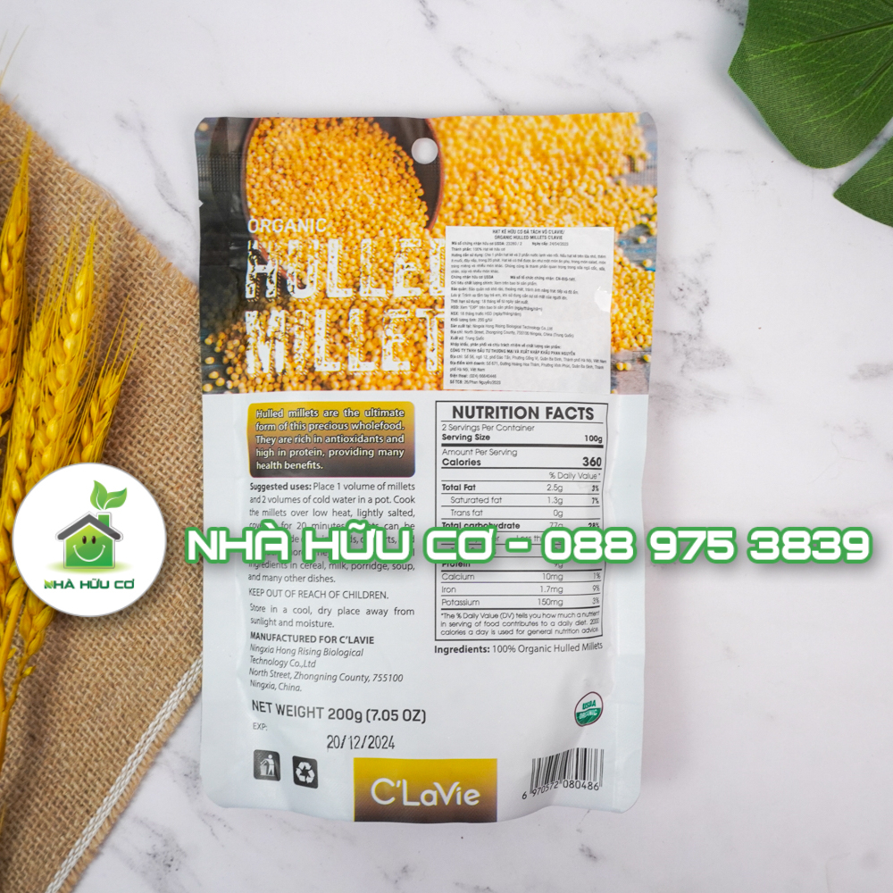 C'LAVIE - Hạt kê hữu cơ đã tách vỏ C’LaVie 200g/100g - Date: 20/12/2024 - Nhà hữu cơ