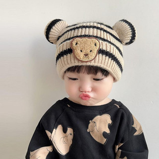 Mũ len cho bé- Mũ len hình tai gấu kẻ đen dễ thương