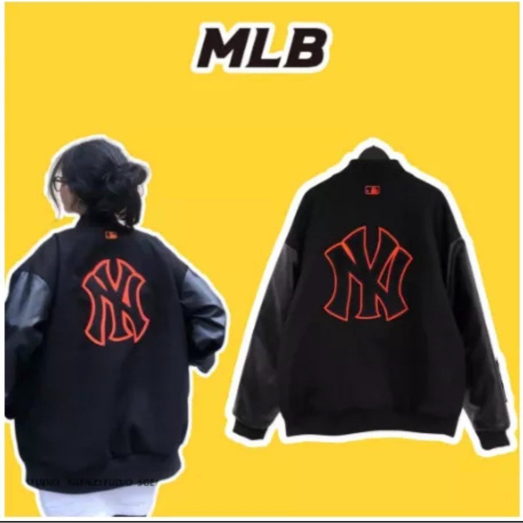 Áo Khoác Bomber MLB NY Chất Nỉ Dày Dặn Logo Thêu Cao Cấp - Áo Khoác Bomber NY Phối Tay Da