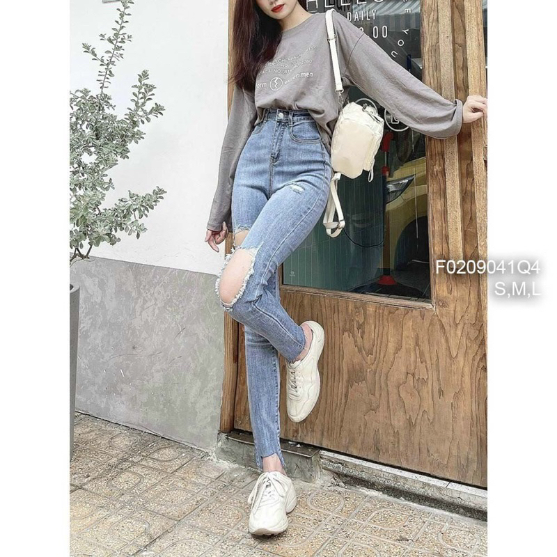 Quần jean dài ôm lưng cao đùi mài rách lai cắt ô vuông hàng VNXK!