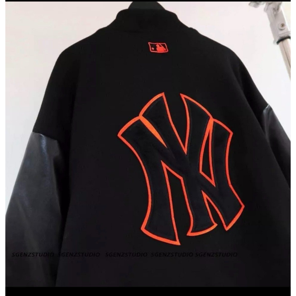 Áo Khoác Bomber MLB NY Chất Nỉ Dày Dặn Logo Thêu Cao Cấp - Áo Khoác Bomber NY Phối Tay Da