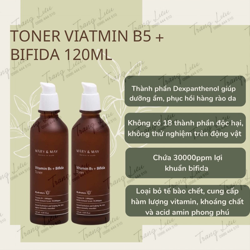 Toner Nước hoa hồng Phục Hồi, Sáng Da Mary&May Vitamin B5 + Bifida