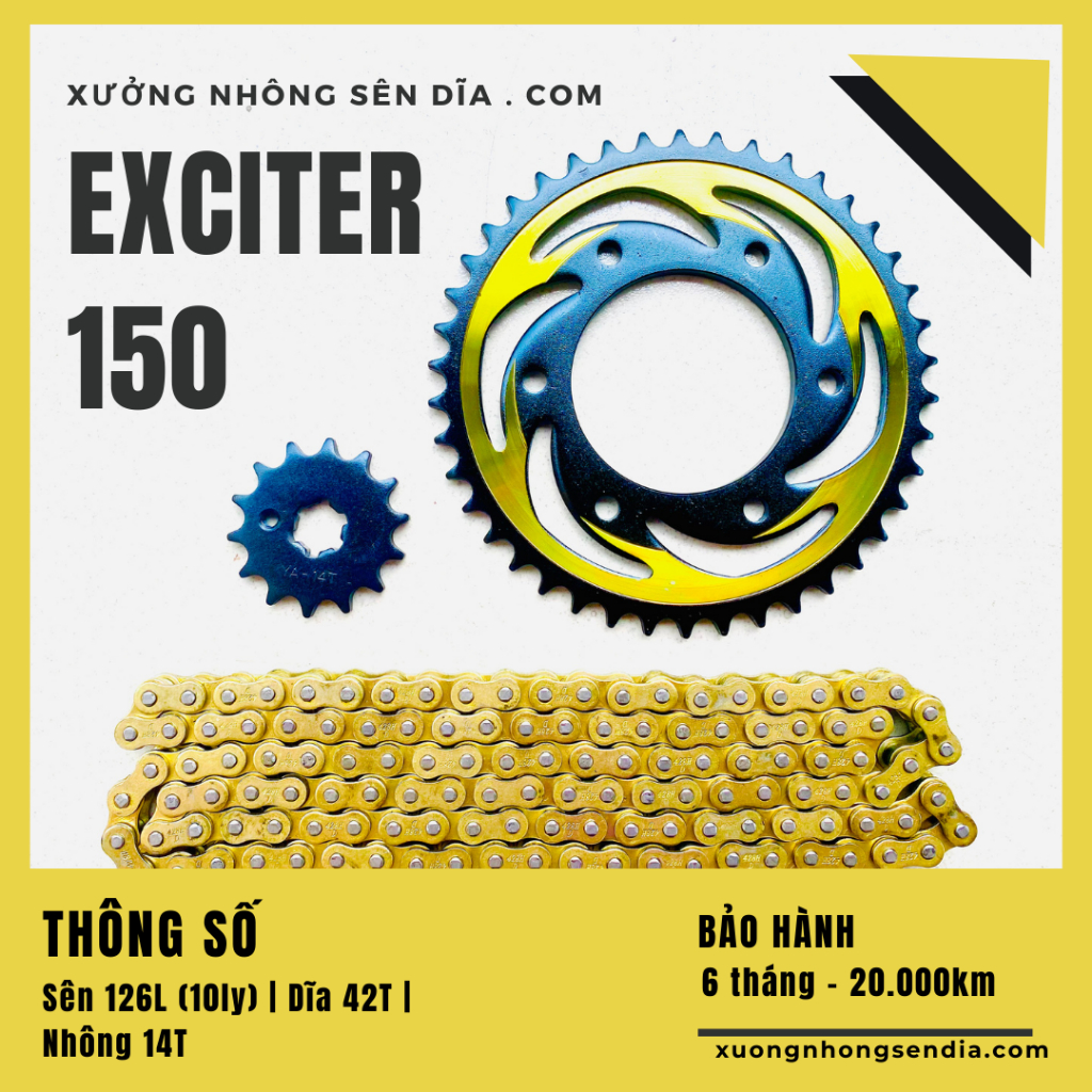 Bộ Nhông Sên Dĩa Exciter 150 ,Ex 150 42T 14T màu vàng đen.