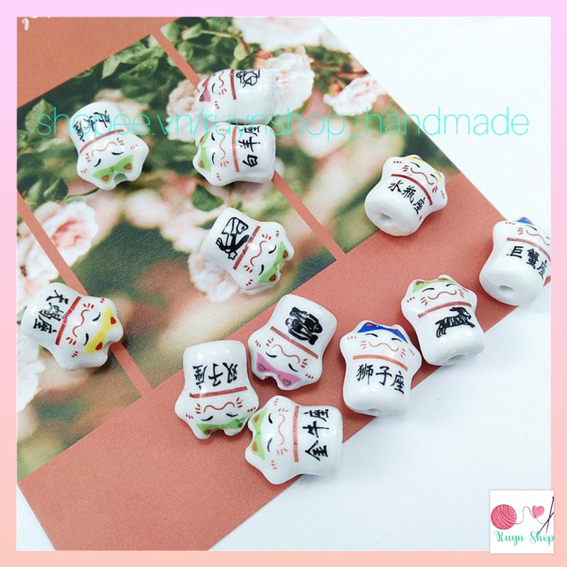 10 mèo gốm sứ nhỏ trang trí vòng tay, móc khóa handmade