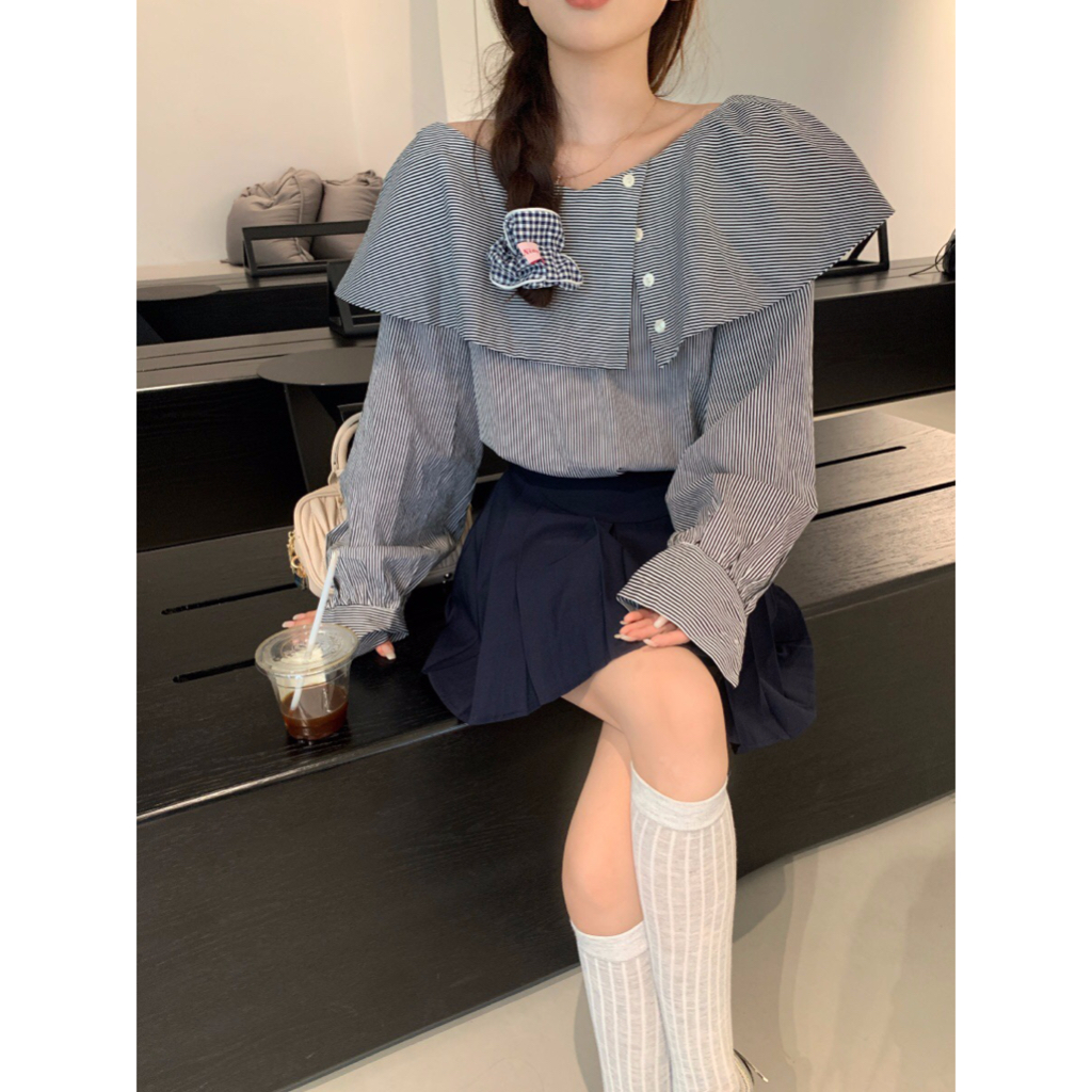 𝗺𝗶𝗲 𝘀𝘁𝘂𝗱𝗶𝗼 - HÀNG CÓ SẴN Áo kiểu trễ vai sọc trắng tay phồng